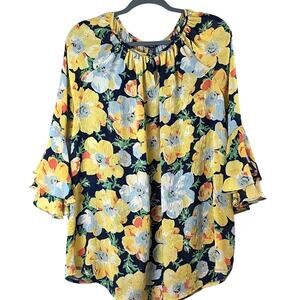 Chaps Womens Sz XXL Vibrant Floral Ruffle Sleeve BOHO Peasant Fairy Gauzy Top